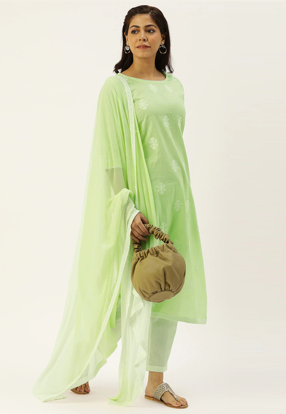 Light Green Cotton Readymade Pant Style Suit 213302