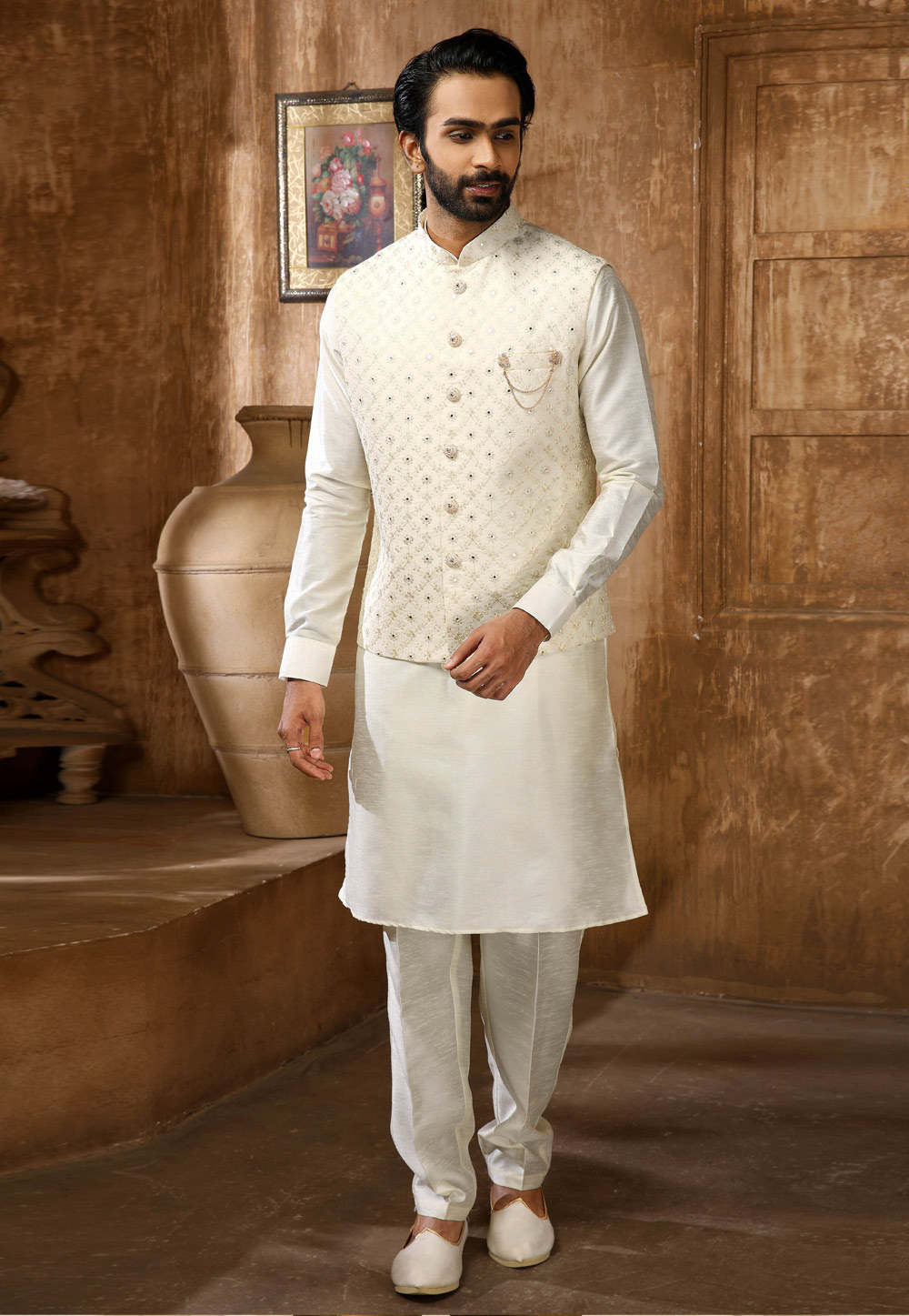 Cream Banarasi Silk Kurta Pajama With Jacket 251667