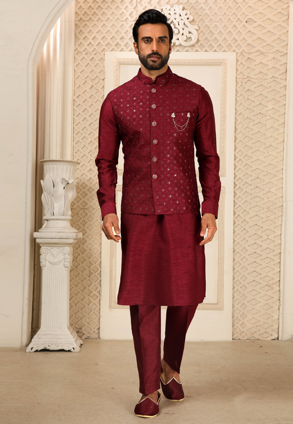 Maroon Banarasi Silk Kurta Pajama With Jacket 251669