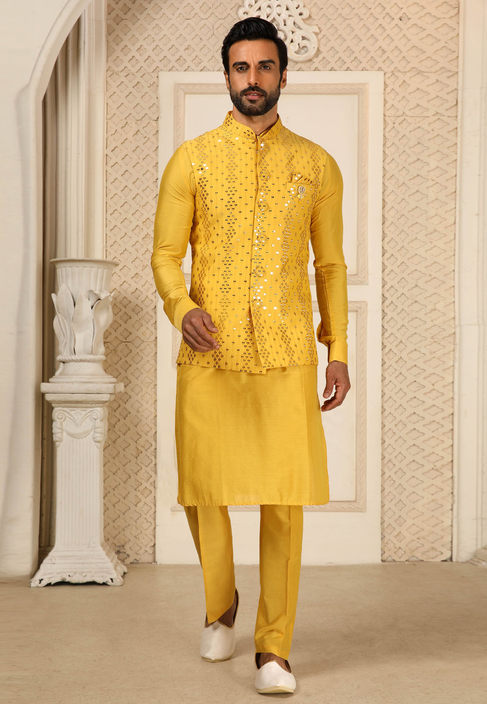 Yellow Art Silk Kurta Pajama With Jacket 251671