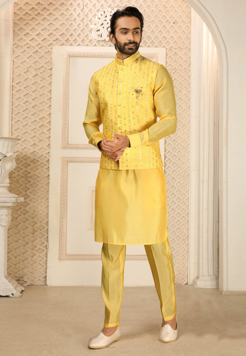 Yellow Art Silk Kurta Pajama With Jacket 251673