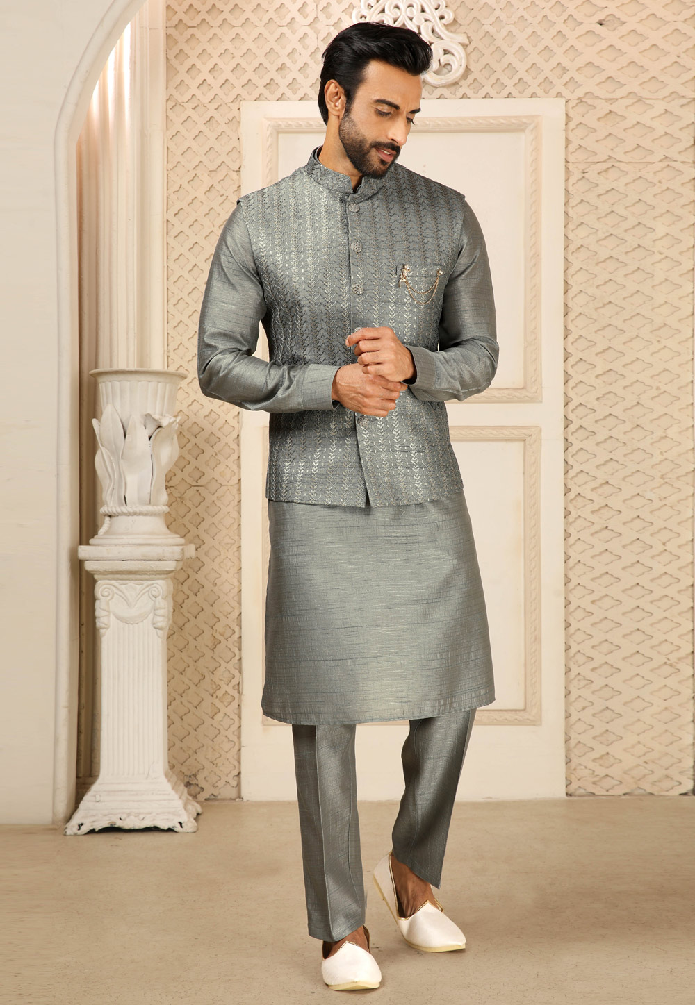 Grey Banarasi Silk Kurta Pajama With Jacket 251676