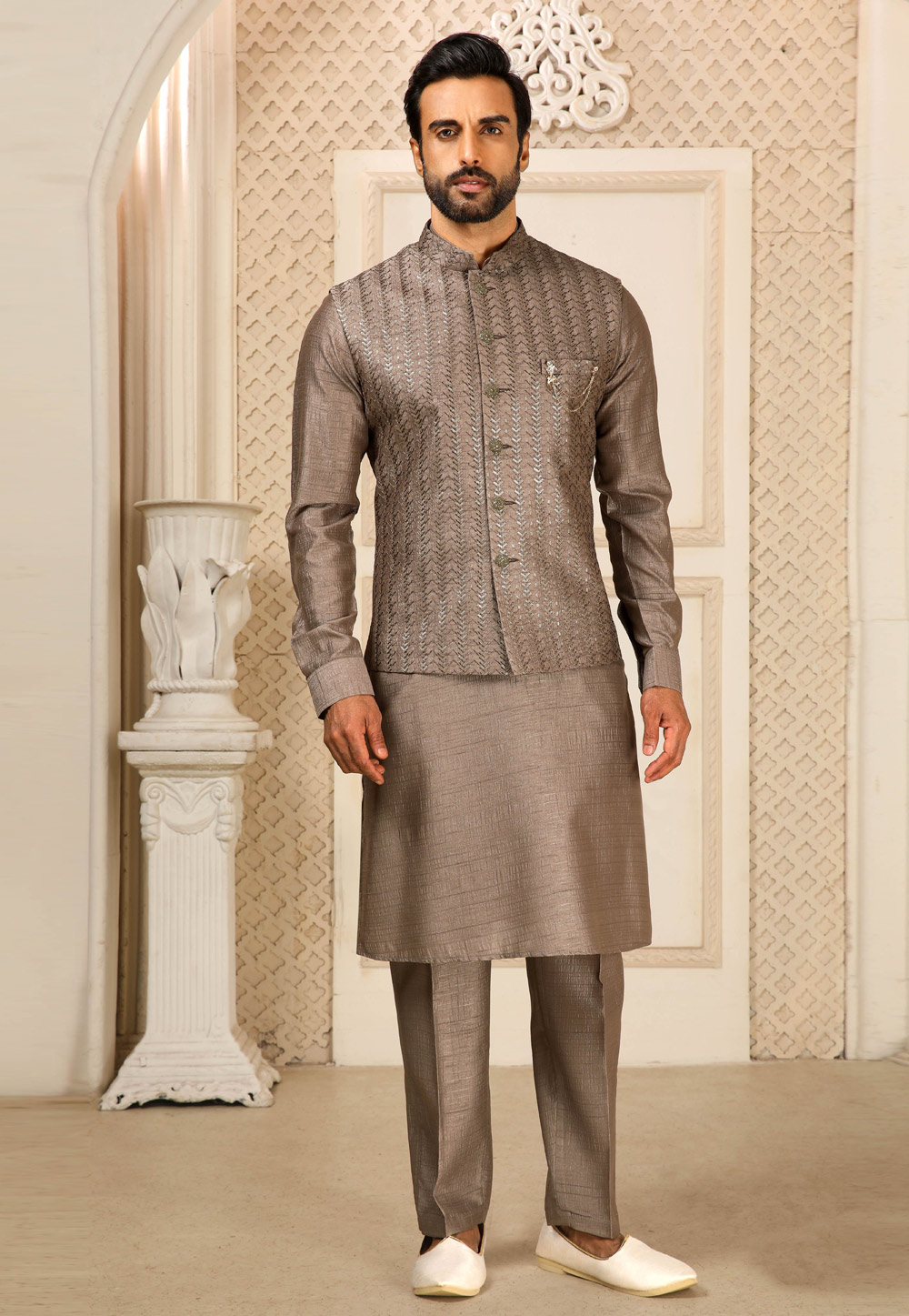 Brown Banarasi Silk Kurta Pajama With Jacket 251677