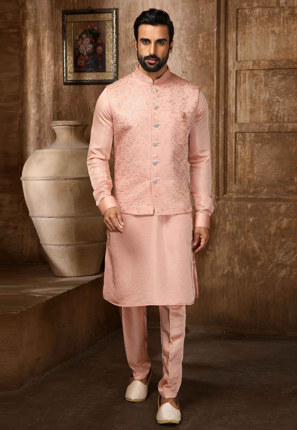 Peach Banarasi Silk Kurta Pajama With Jacket 251687