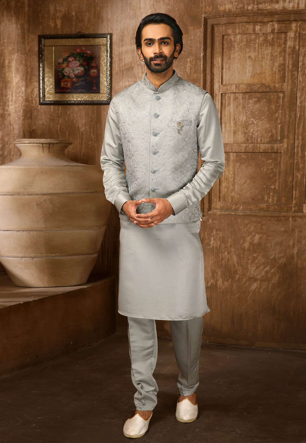Grey Banarasi Silk Kurta Pajama With Jacket 251688