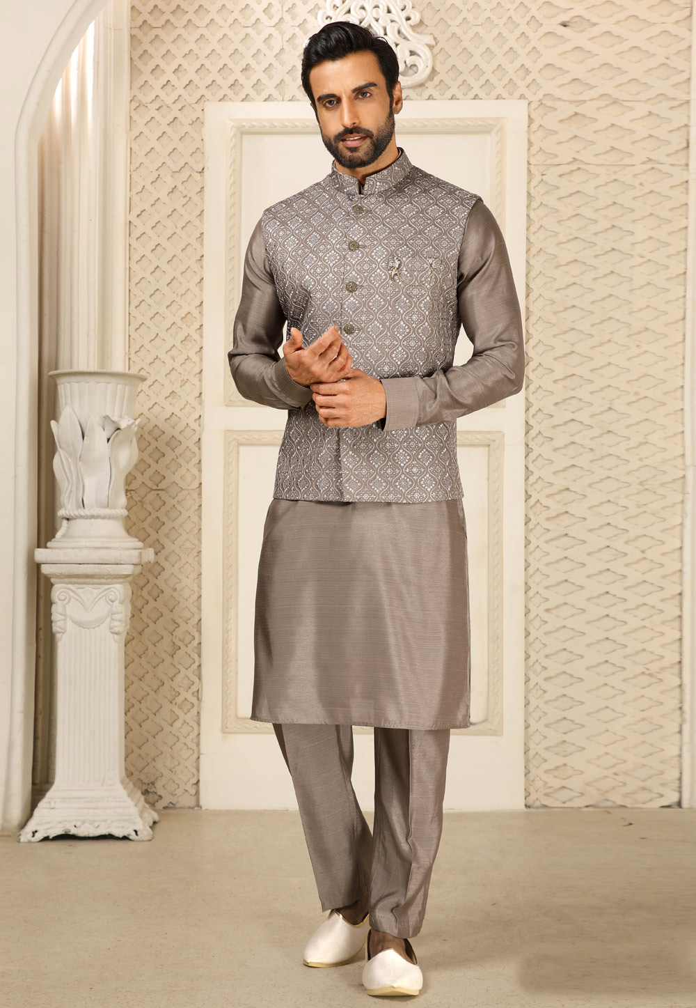 Brown Banarasi Silk Kurta Pajama With Jacket 251689
