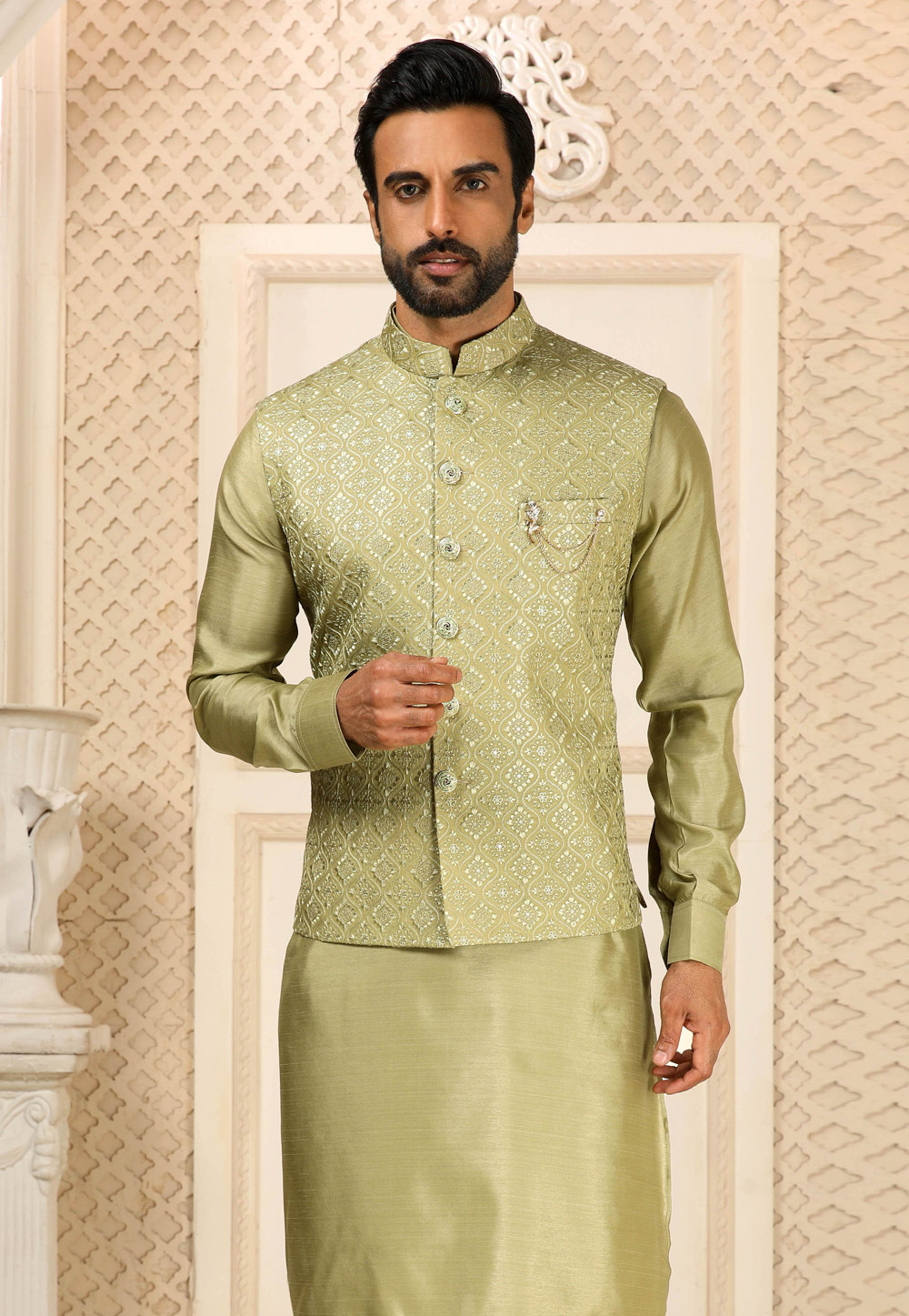Woven Art Silk Jacquard Nehru Jacket in Light Green : MHG1879