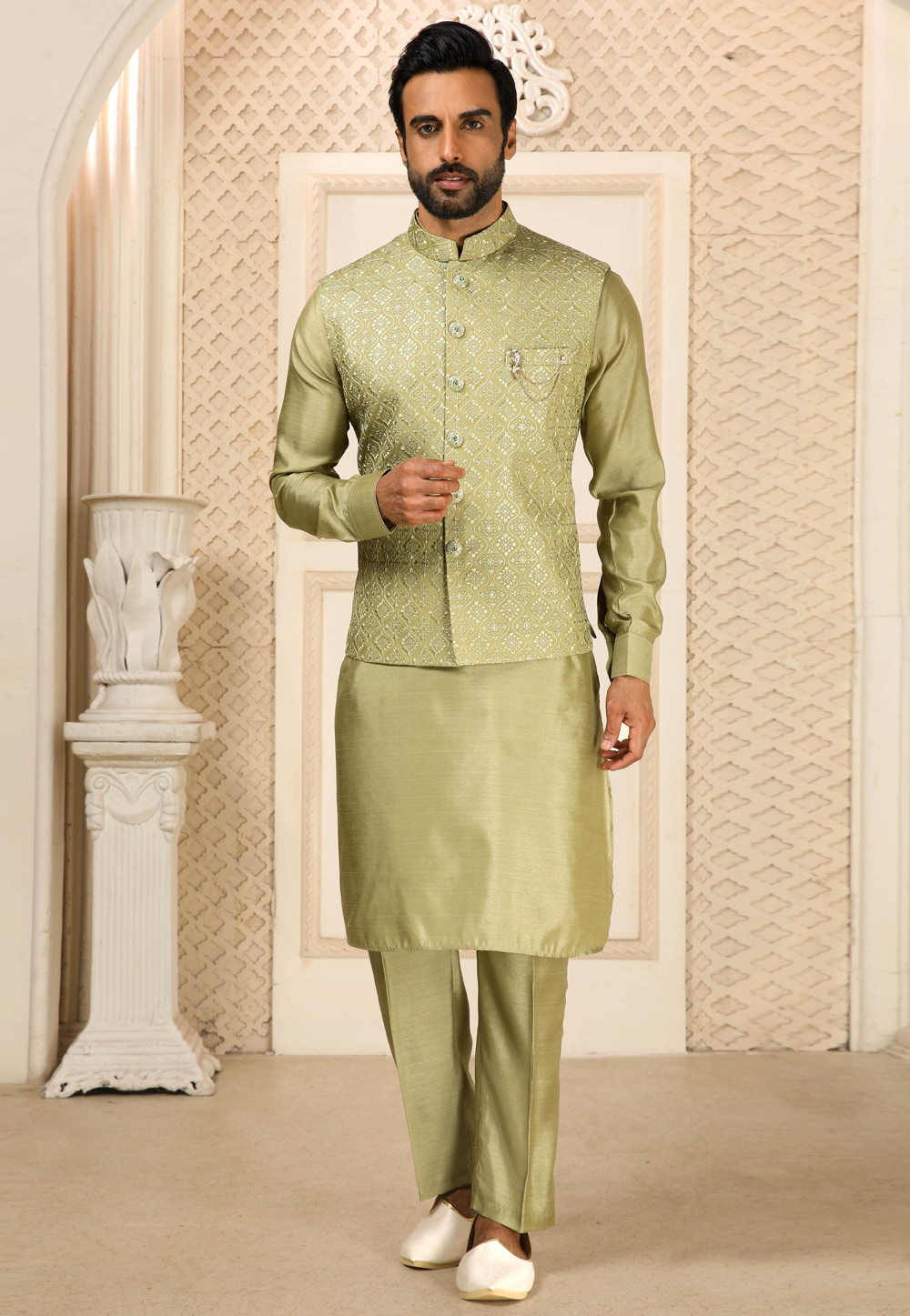 Light Green Banarasi Silk Kurta Pajama With Jacket 251690