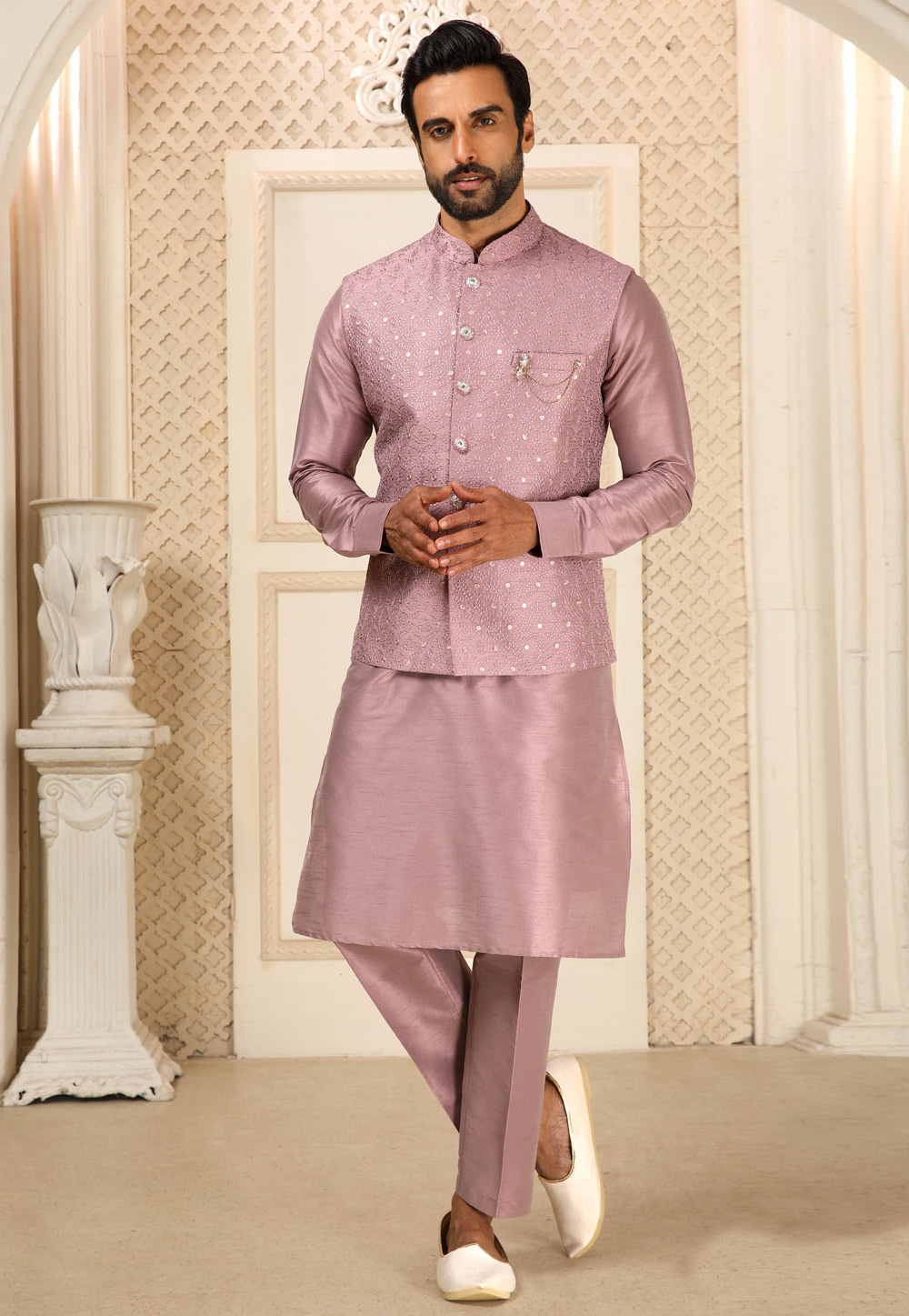 Light Purple Banarasi Silk Kurta Pajama With Jacket 251691