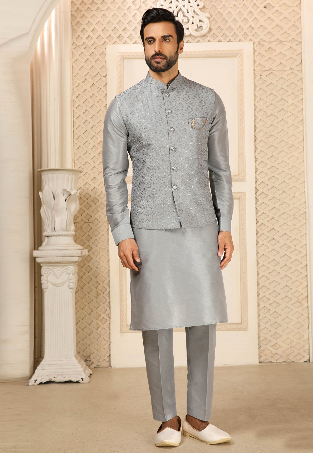 Grey Banarasi Silk Kurta Pajama With Jacket 251692