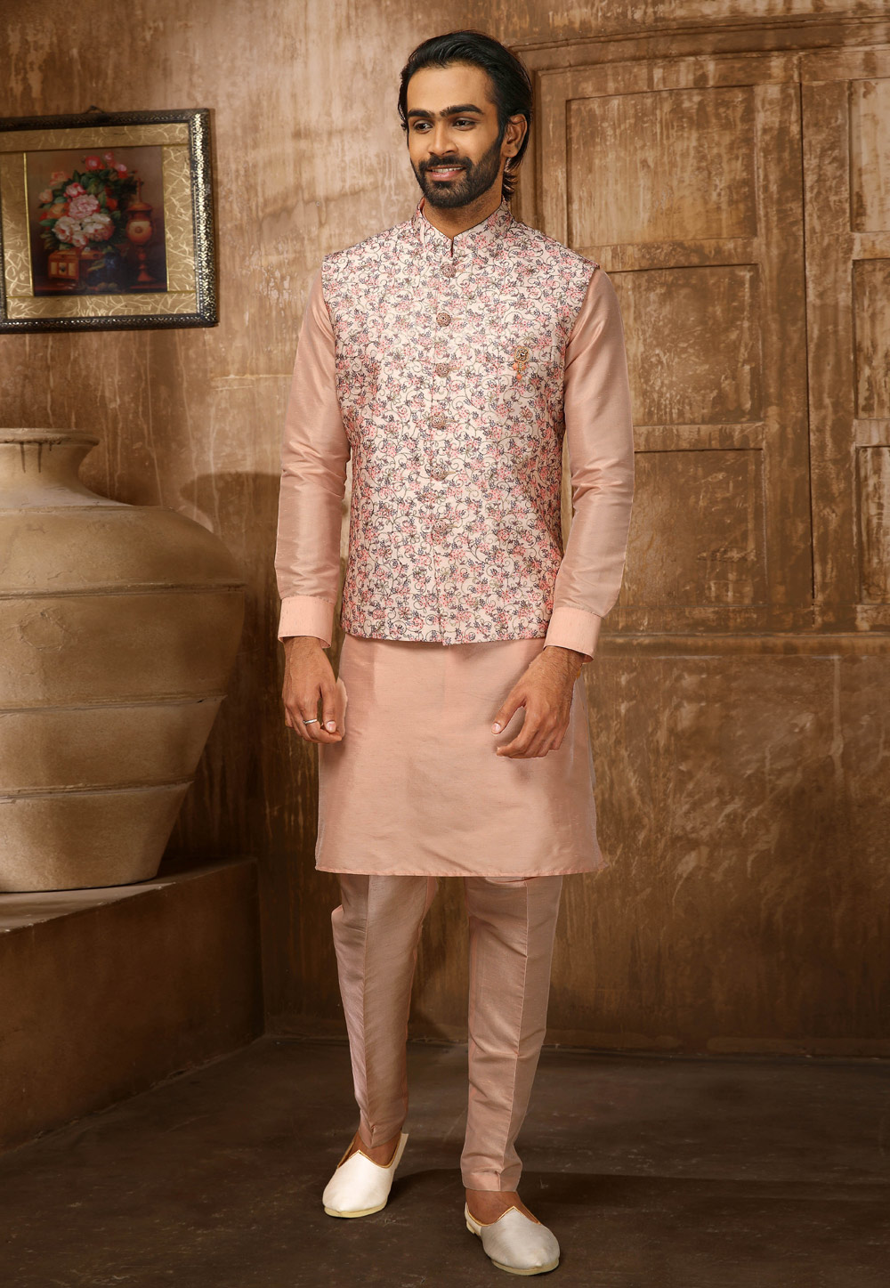Peach Banarasi Silk Kurta Pajama With Jacket 251693