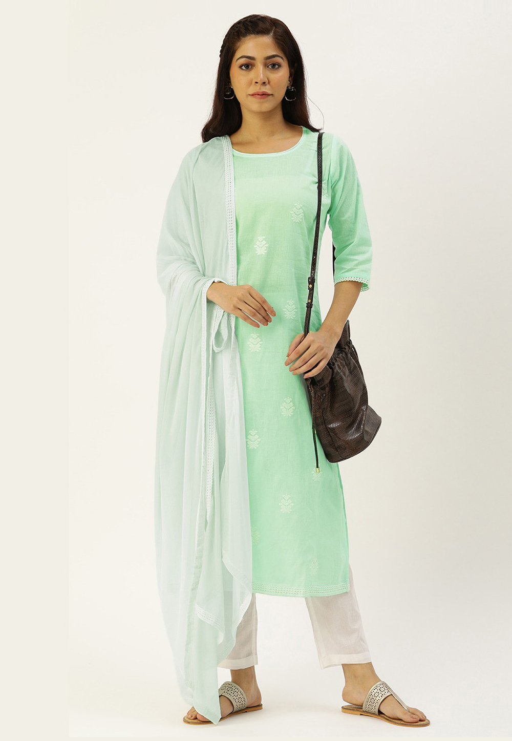 Light Green Cotton Readymade Pant Style Suit 213305