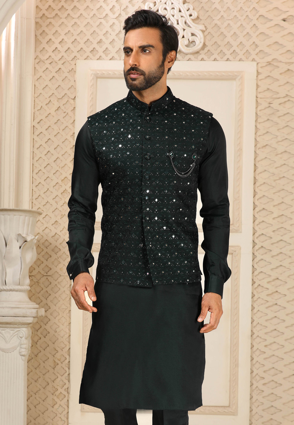 Black kurta pajama with green jacket new arrivals