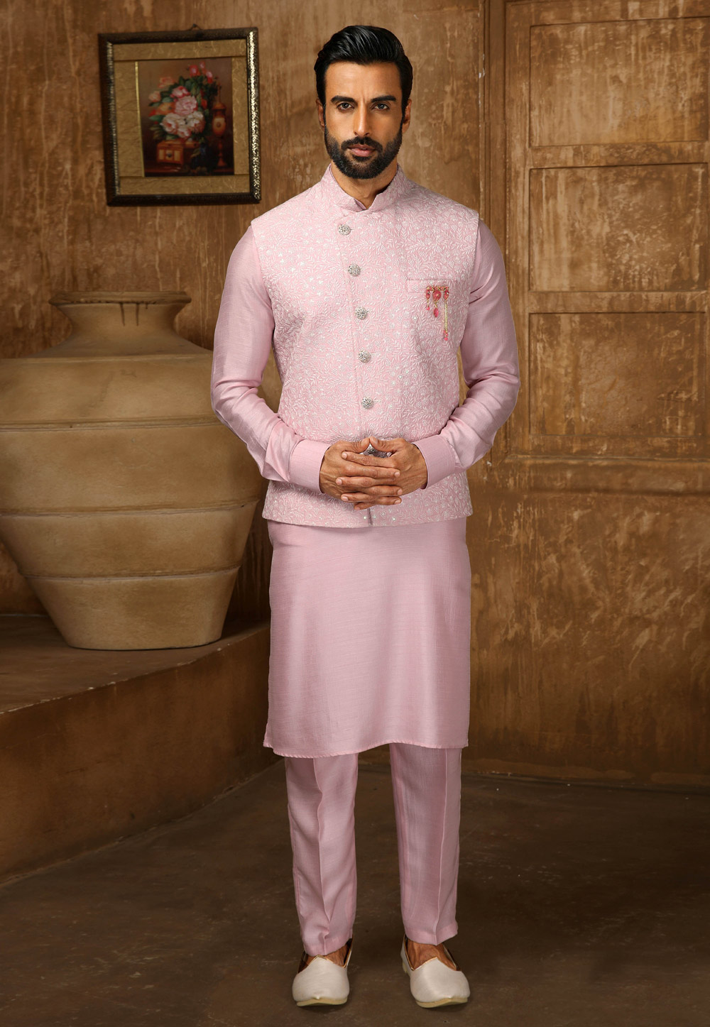 Pink Banarasi Silk Kurta Pajama With Jacket 251699