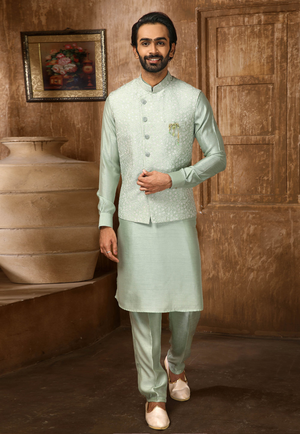 Pastel Mint Green Kurta Pajama with Nehru Jacket