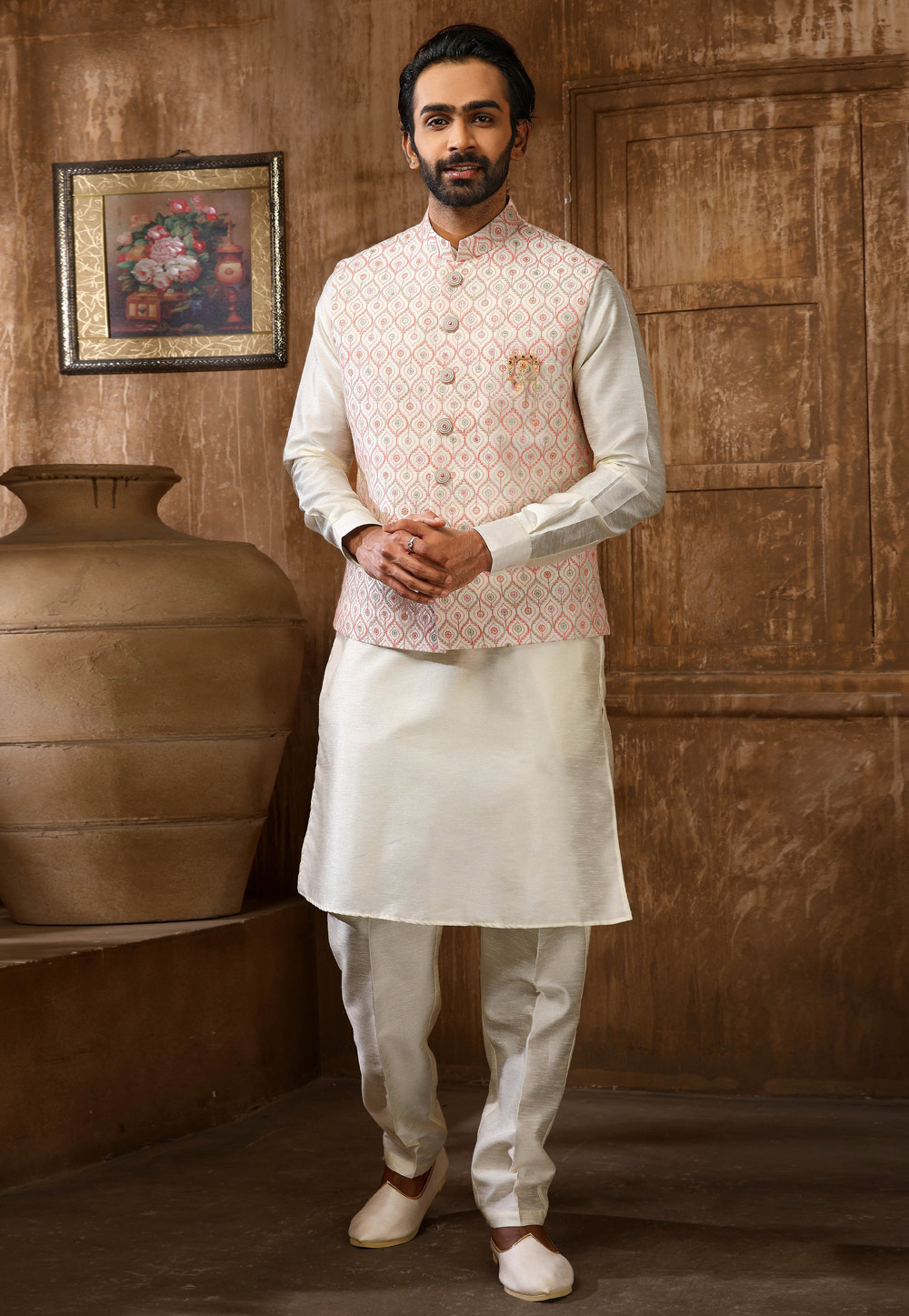 Cream Banarasi Silk Kurta Pajama With Jacket 251701