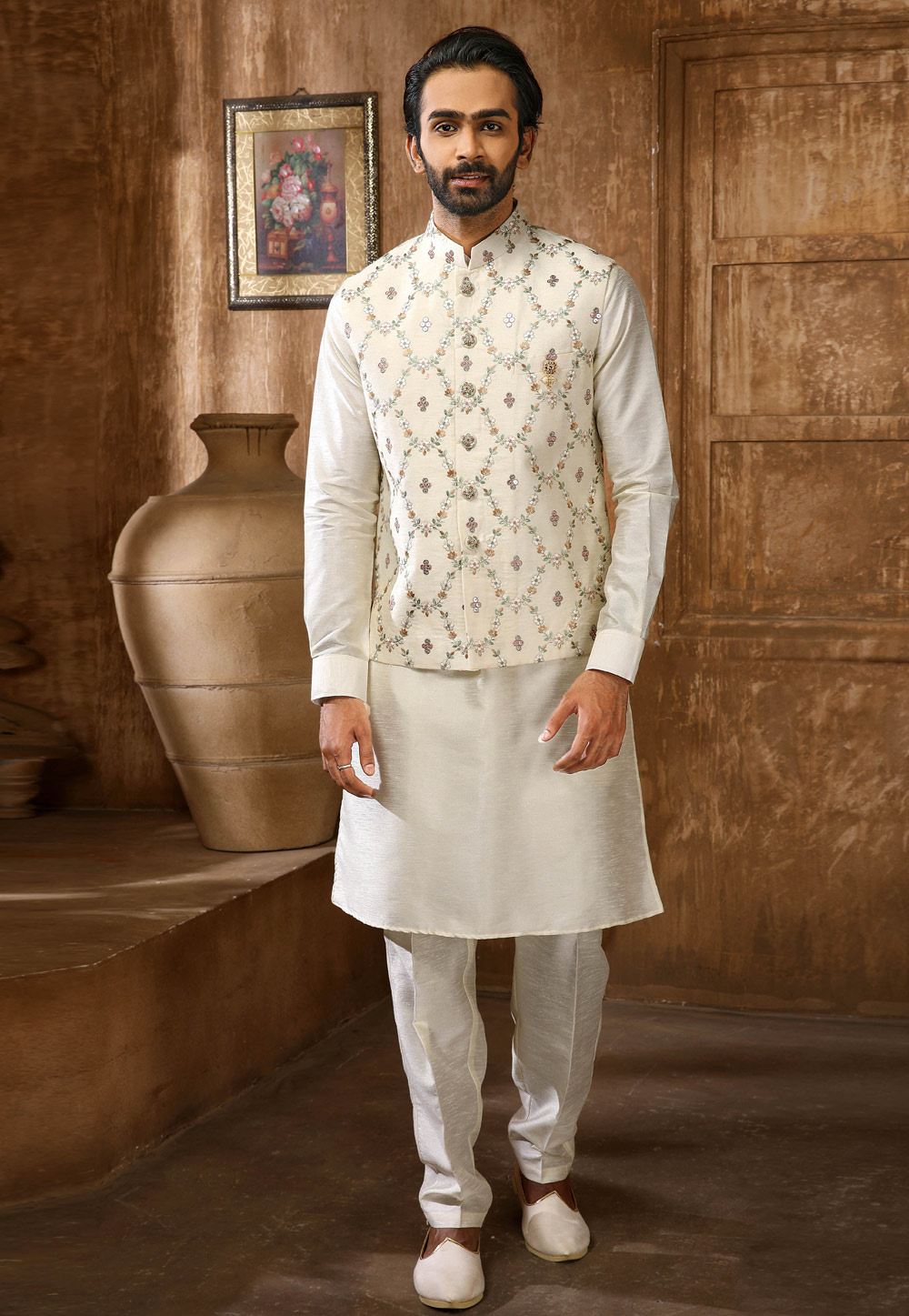 Cream Banarasi Silk Kurta Pajama With Jacket 251703