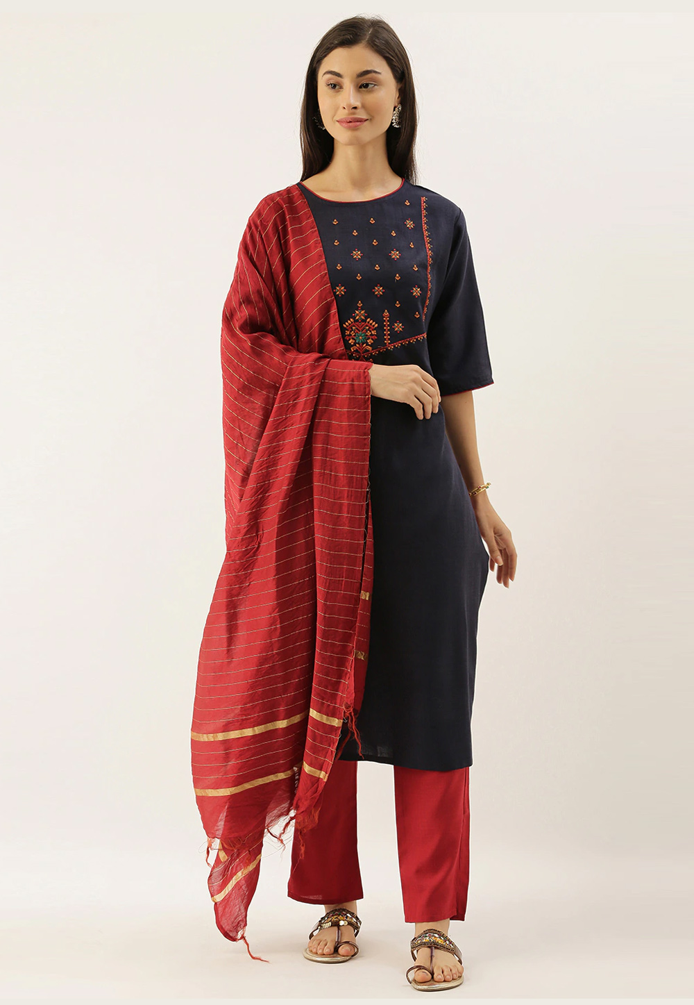 Navy Blue Cotton Readymade Pant Style Suit 213394