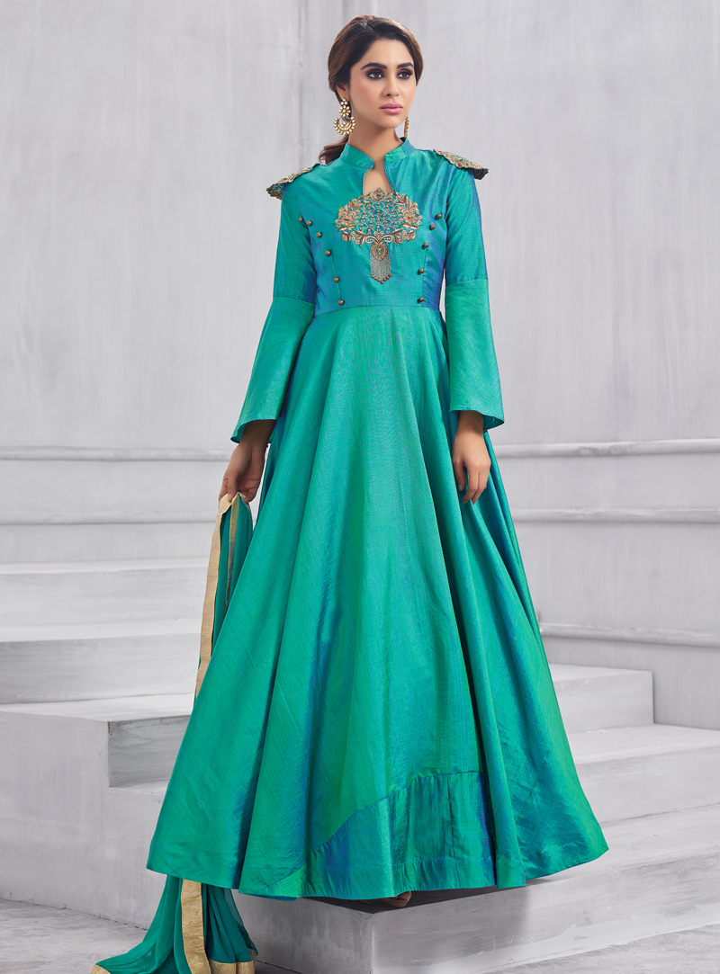 Turquoise Silk Readymade Floor Length Anarkali Suit 126894