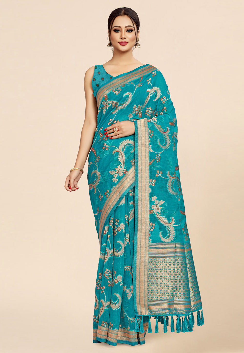Turquoise Viscose Saree With Blouse 260384