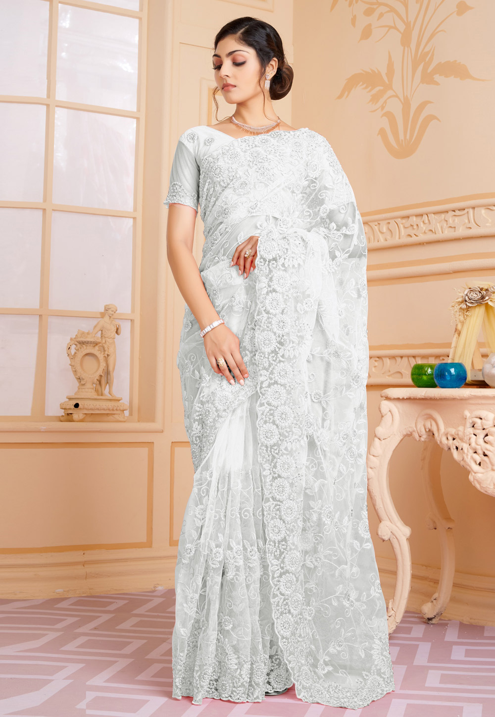 White Net Saree With Blouse 254669