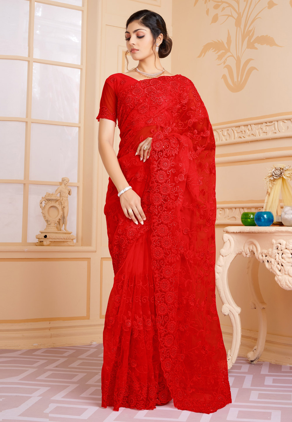 Red Net Saree With Blouse 254670