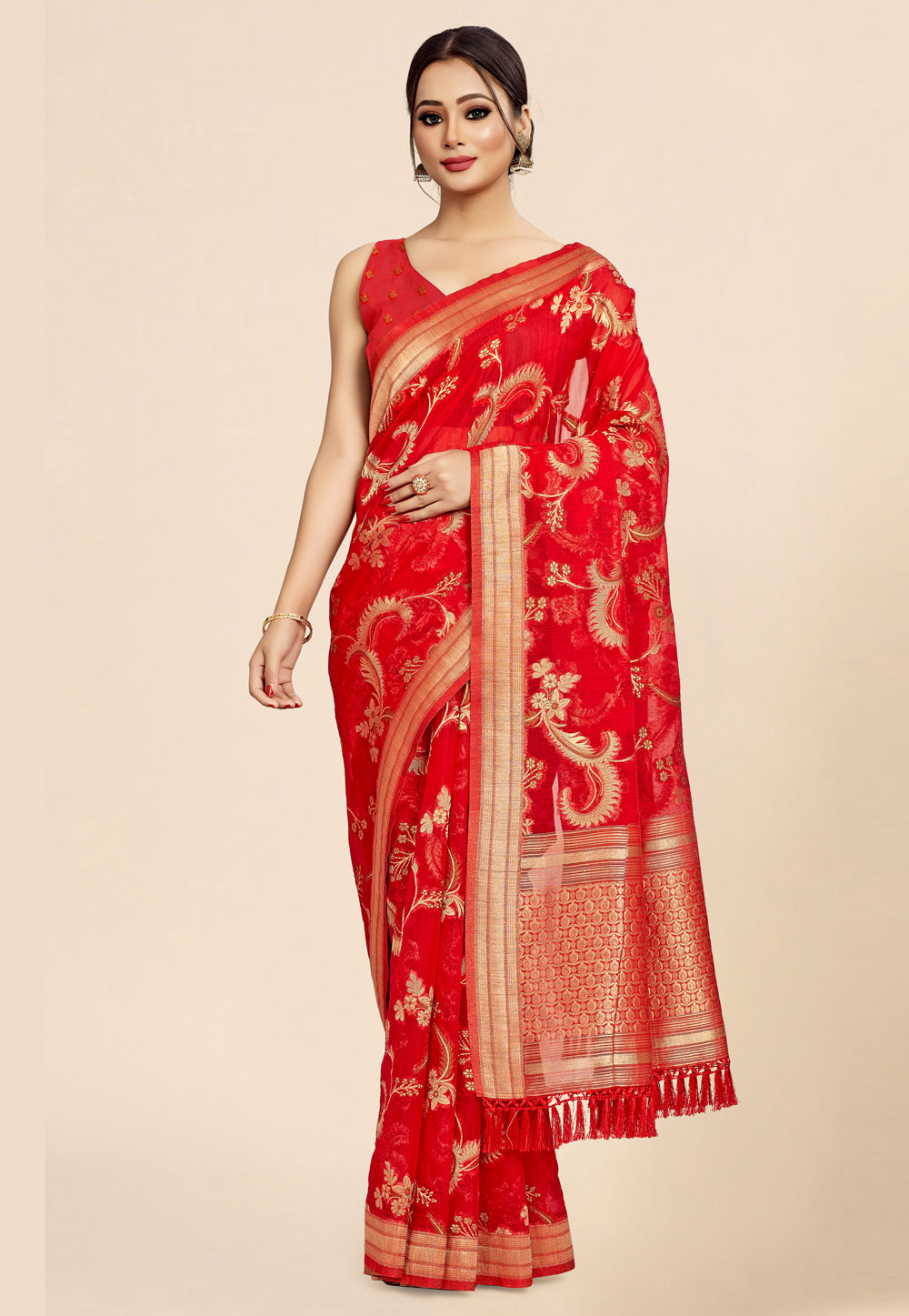 Red Viscose Saree With Blouse 260386