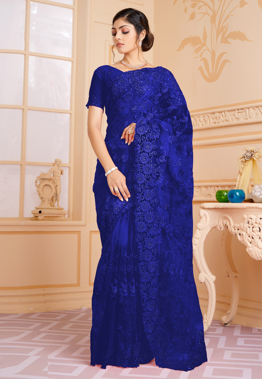 Blue Net Saree With Blouse 254671