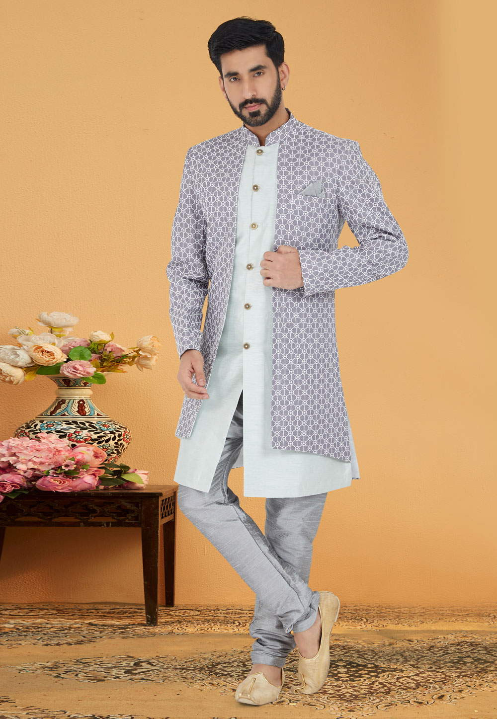 Grey Silk Indo Western Suit 259857