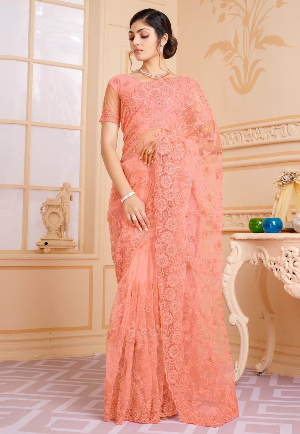 Shop Online Peach Embroidered Organza Silk Saree with Designer Blouse –  Pure Elegance