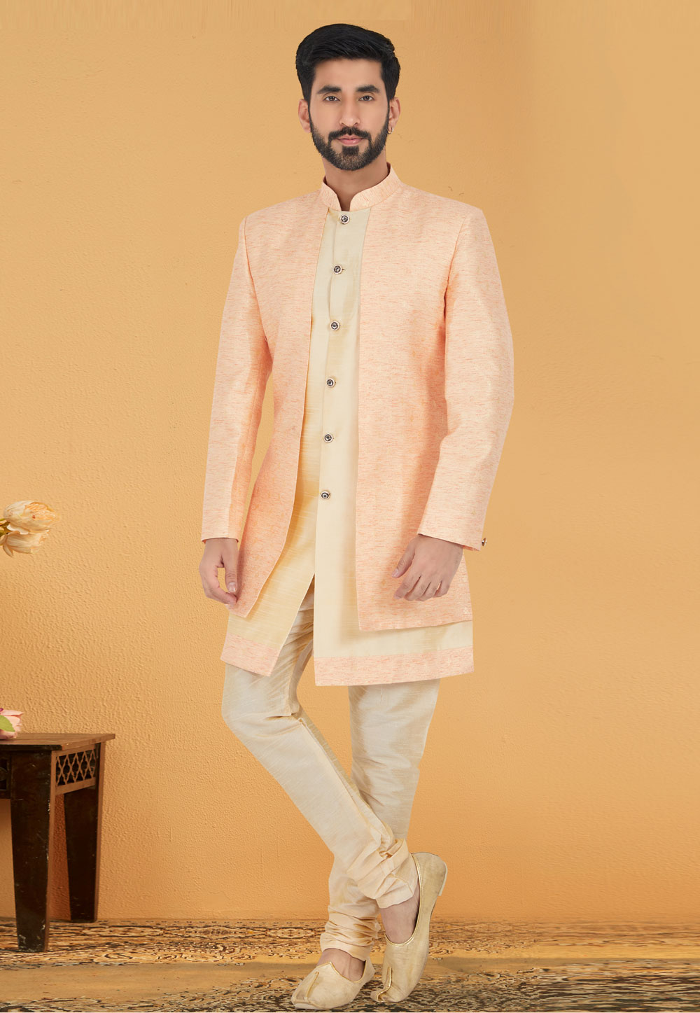 Peach Cotton Jacquard Indo Western Suit 259858