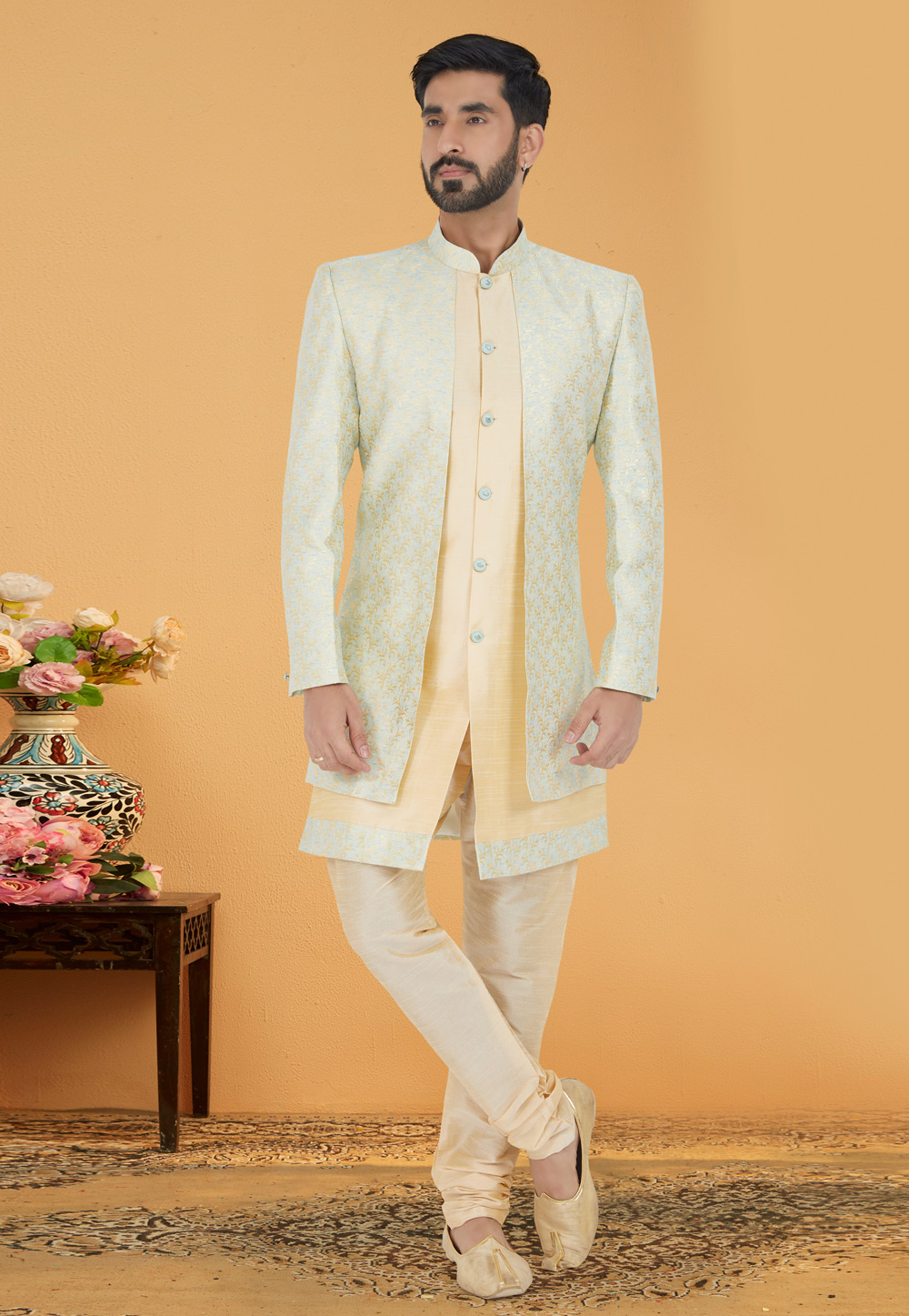 Pista Green Jacquard Silk Indo Western Suit 259859