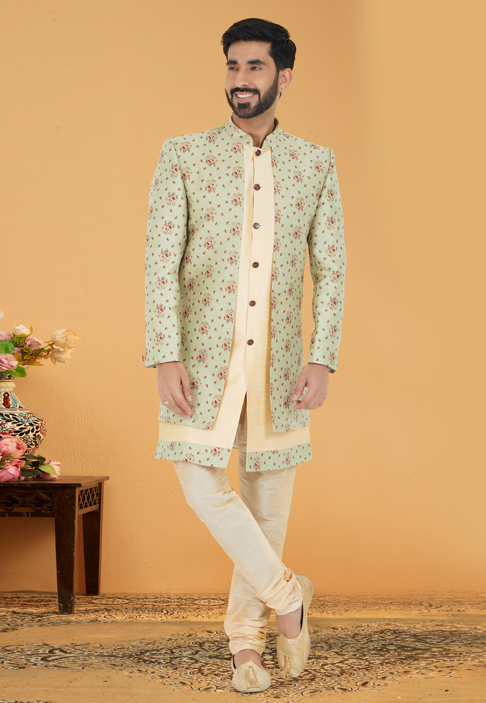 Pista Green Jacquard Silk Indo Western Suit 259860