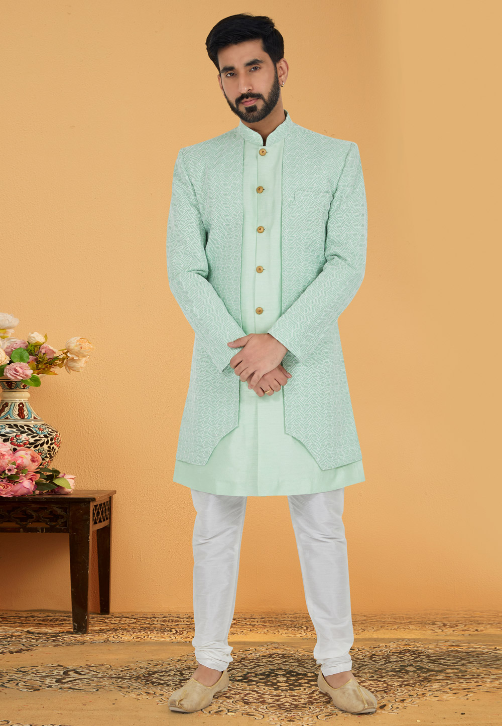 Pista Green Silk Indo Western Suit 259862