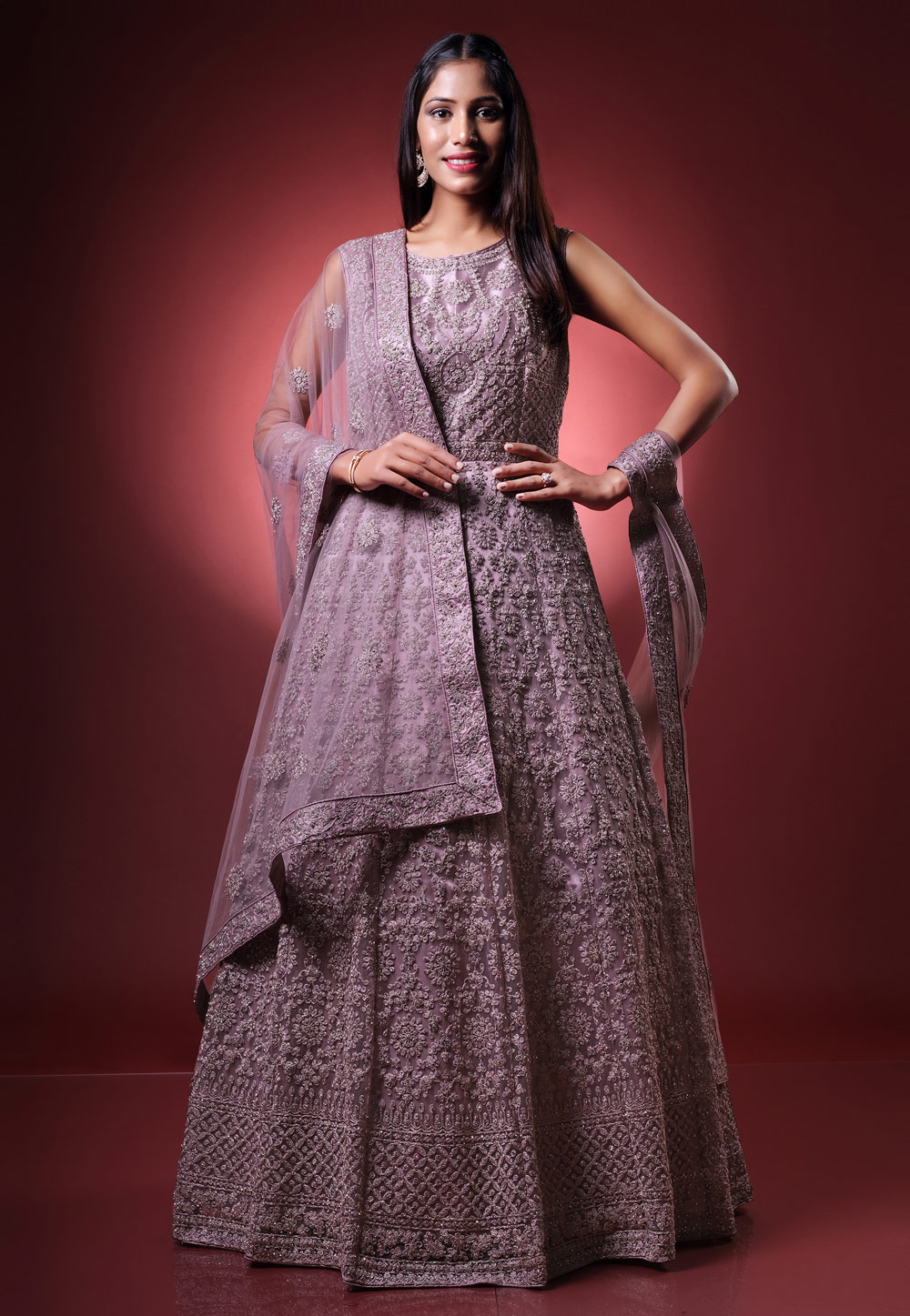 Light Purple Net Readymade Abaya Style Anarkali Suit 271443