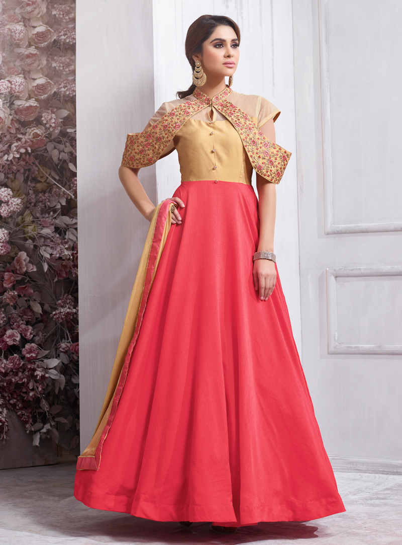Pink Taffeta Silk Readymade Long Anarkali Suit 126895