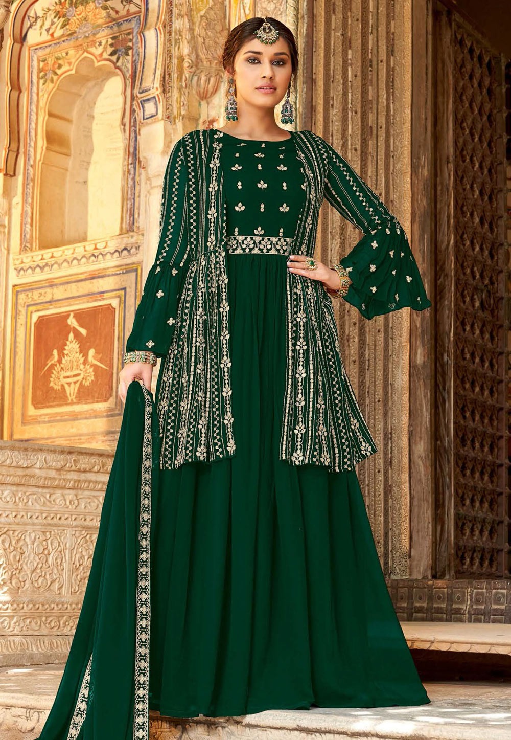 Green Georgette Abaya Style Anarkali Suit 252541
