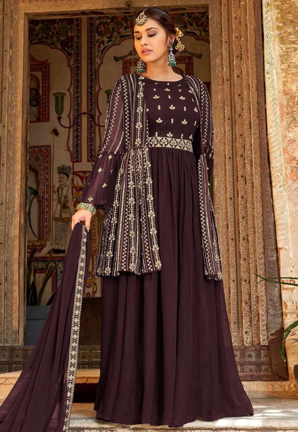 Brown Georgette Abaya Style Anarkali Suit 252543