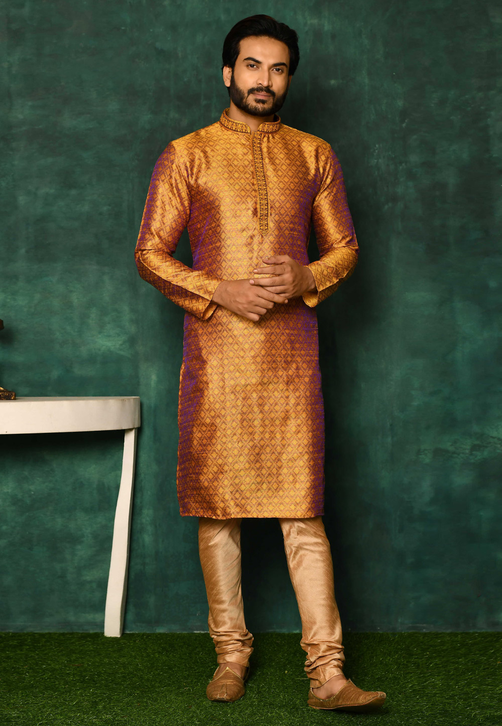 Golden Jacquard Kurta Pajama 252611