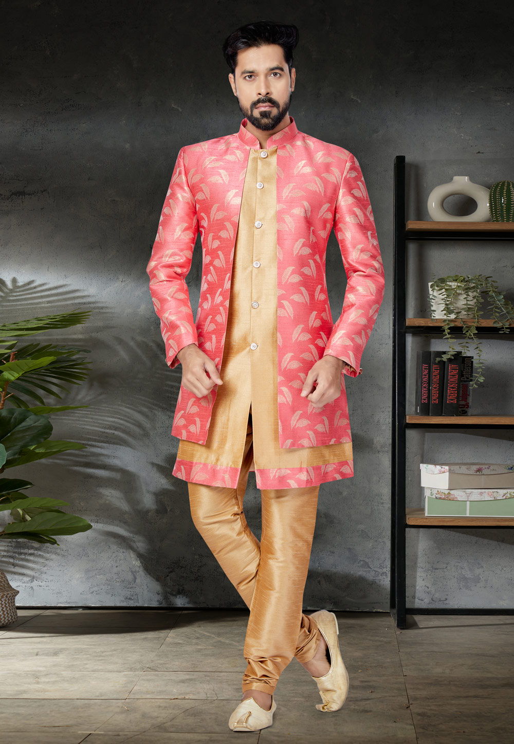 Pink Jacquard Silk Indo Western Suit 259865