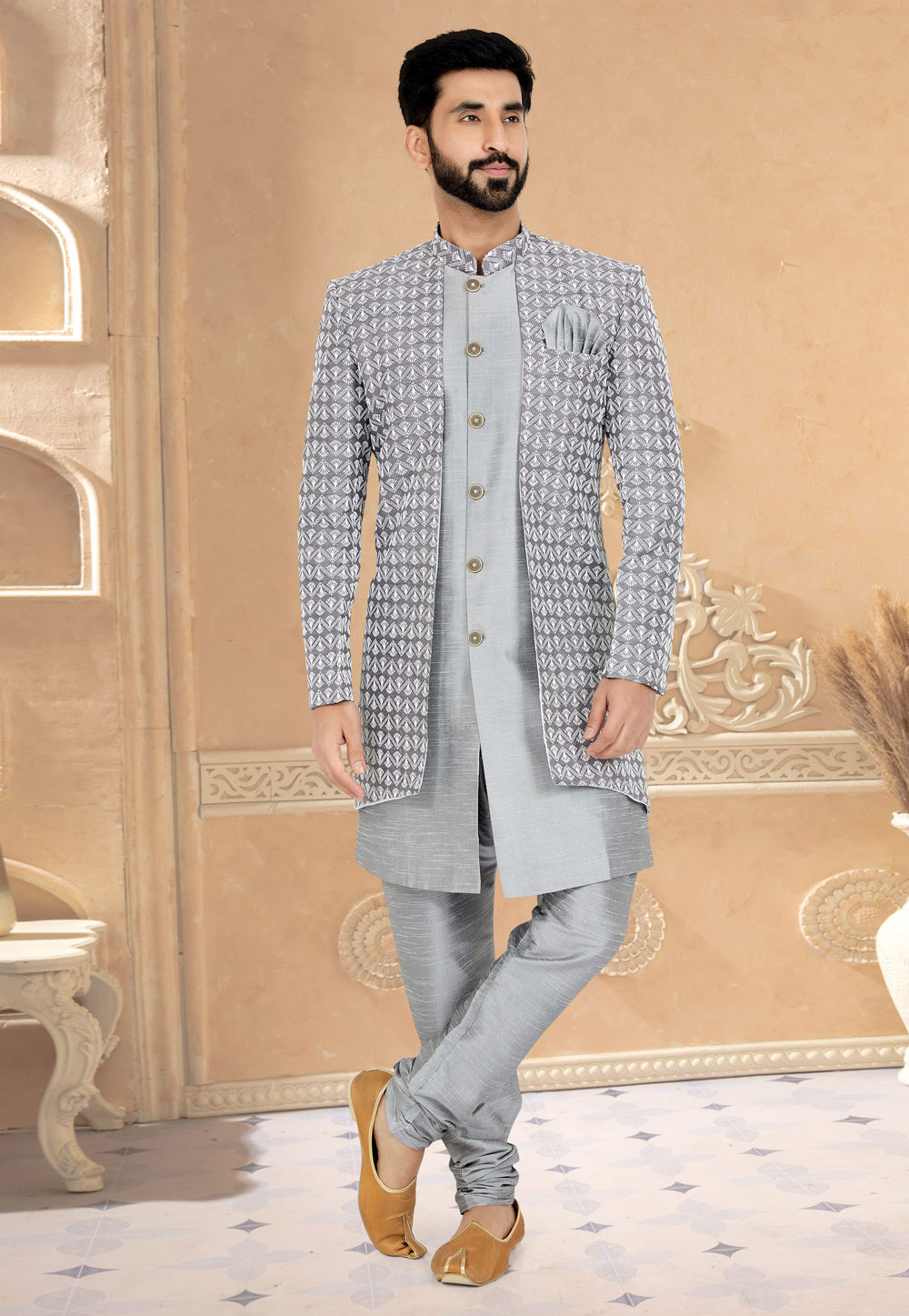 Grey Silk Indo Western Suit 259866