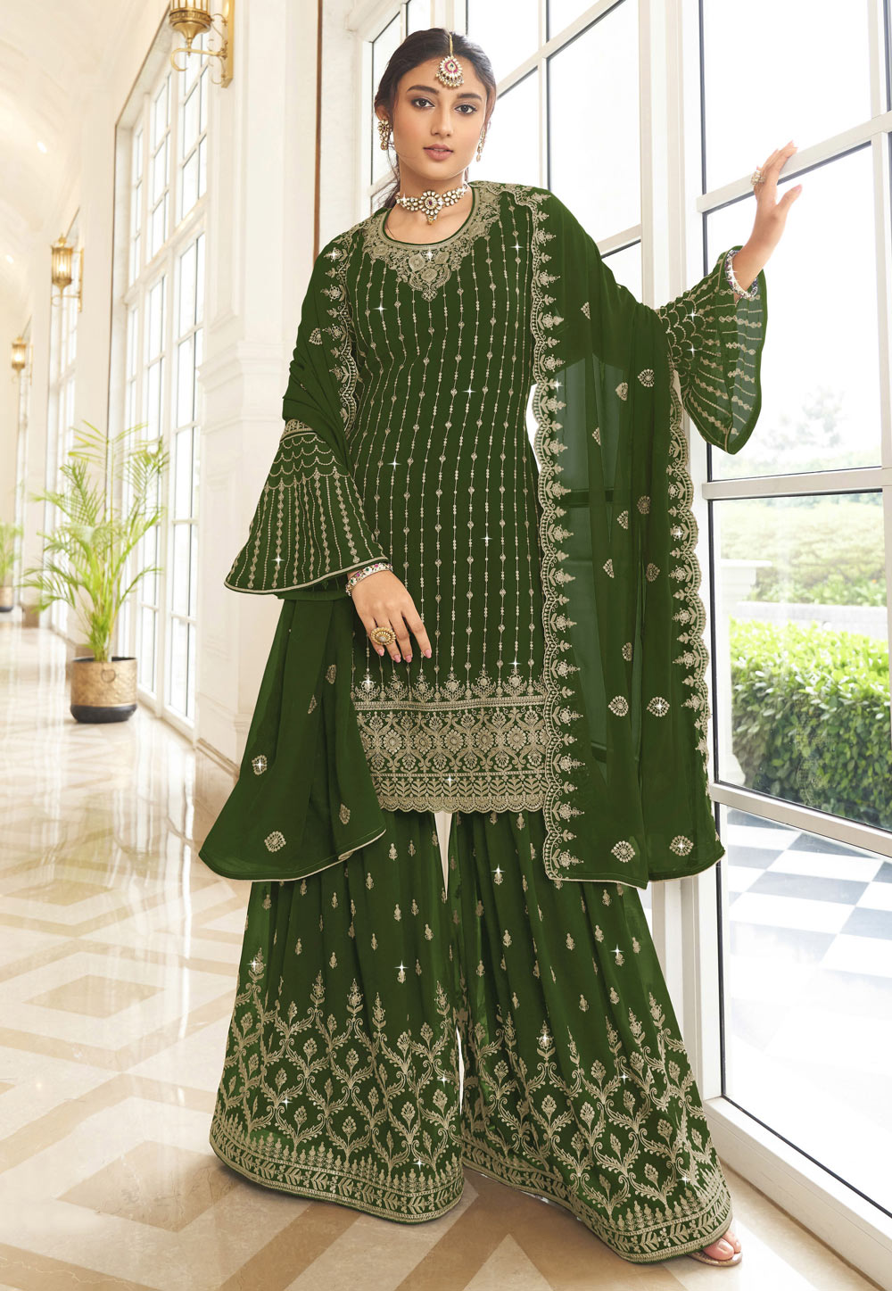 Green Faux Georgette Sharara Suit 252689