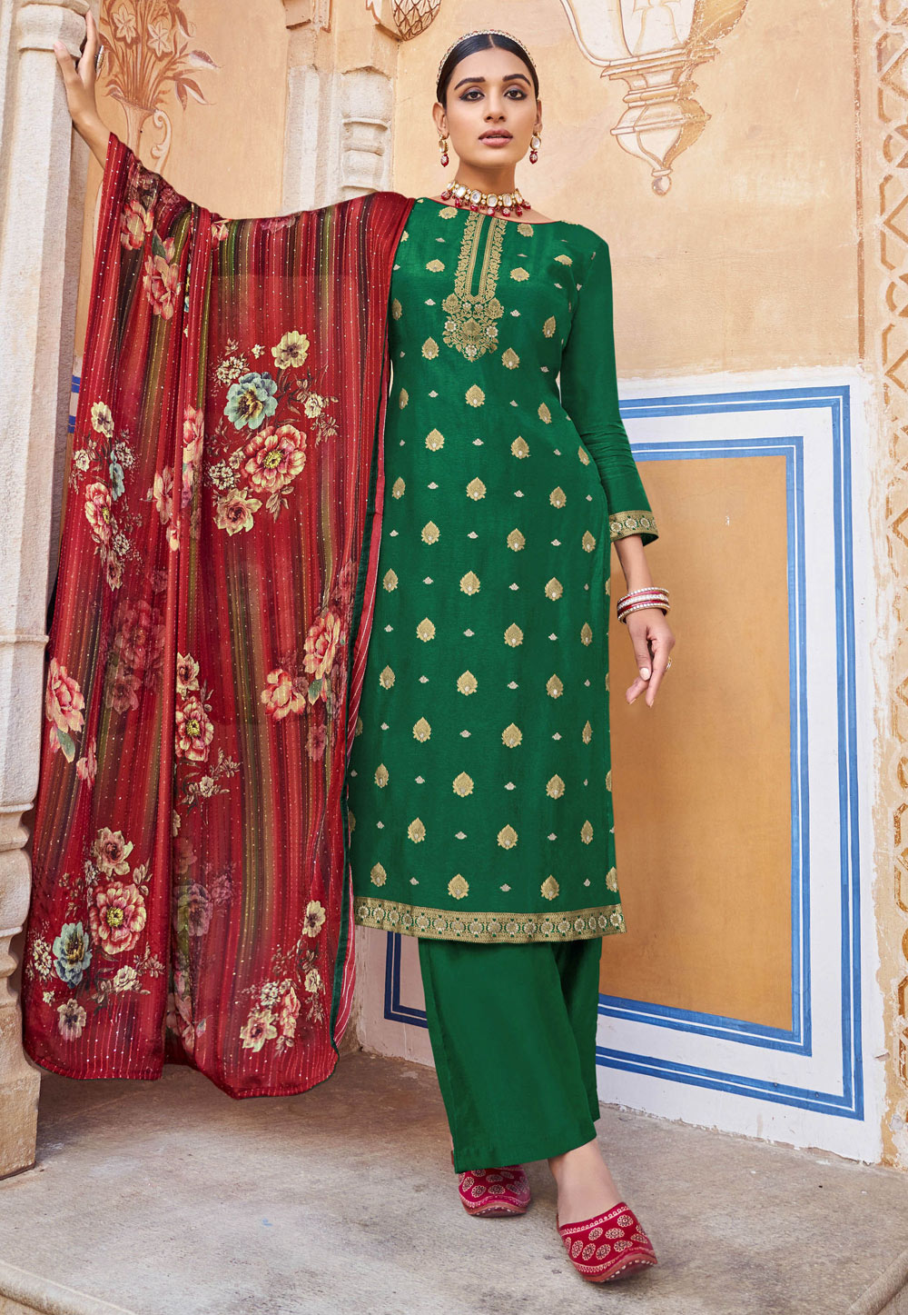 Green Jacquard Pakistani Suit 252698