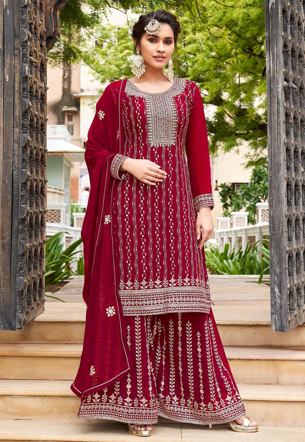 Red Georgette Palazzo Suit 253984