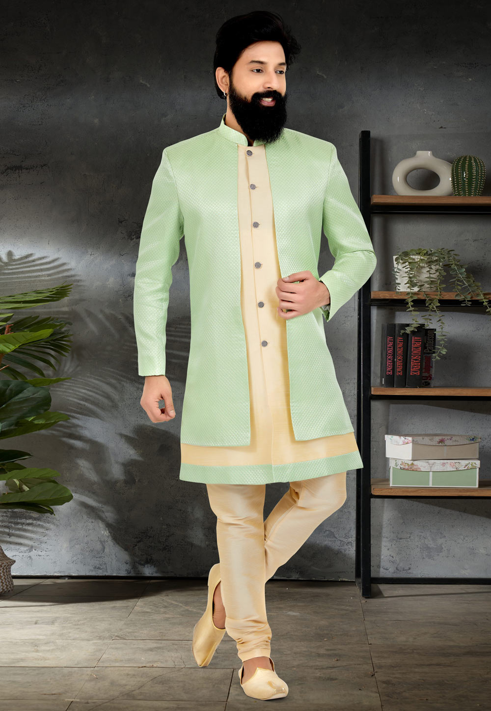 Pista Green Jacquard Silk Indo Western Suit 259867
