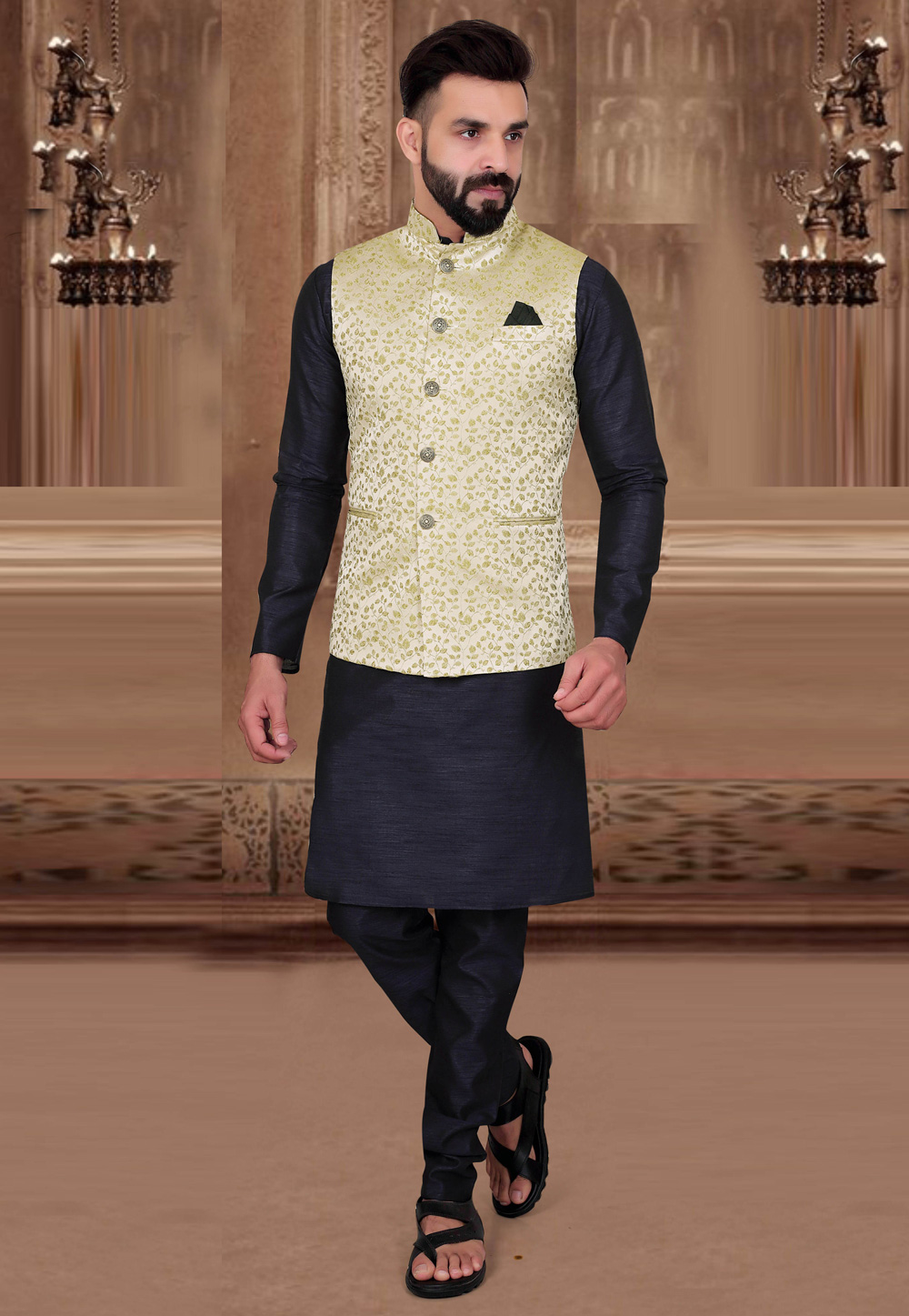 Navy Blue Silk Kurta Pajama With Jacket 252902