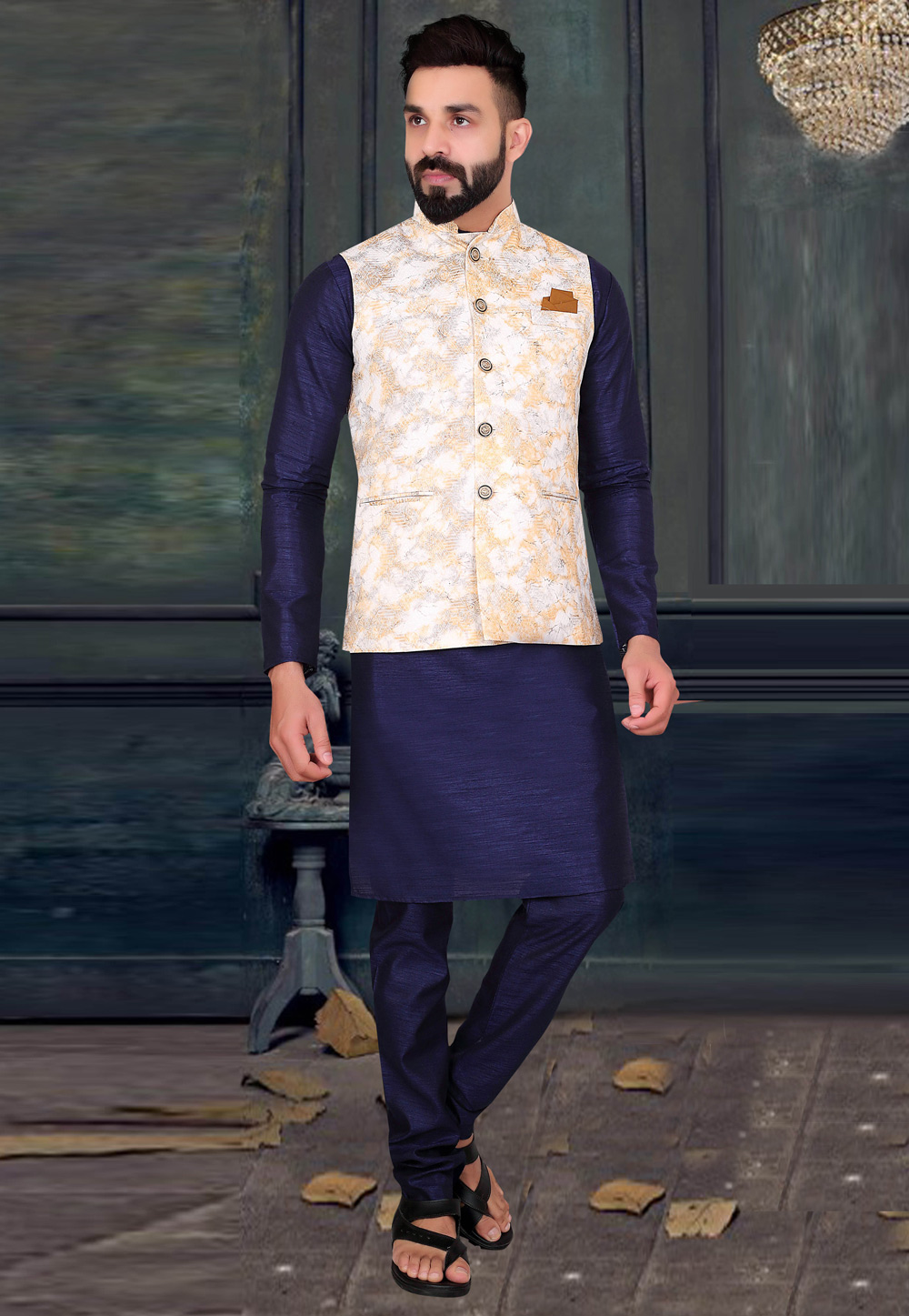 Navy Blue Silk Kurta Pajama With Jacket 252905