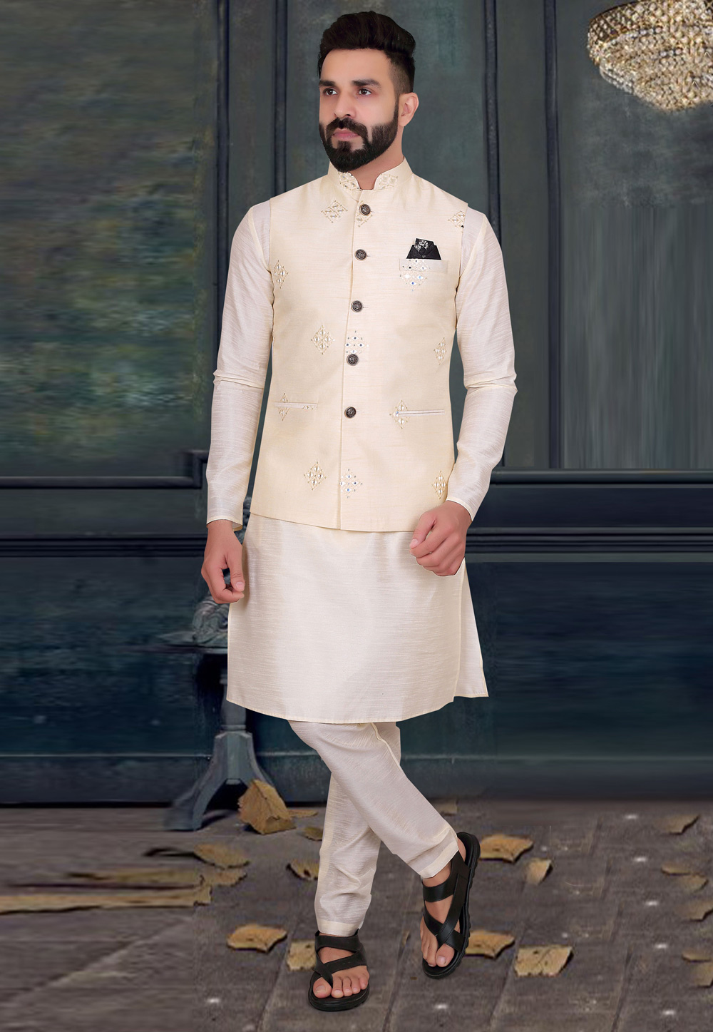 Men White Solid Kurta Pyjama with Purple Embroidered Nehru Jacket – Jompers