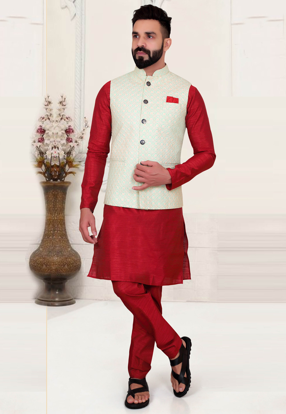 White kurta pajama discount with maroon jacket