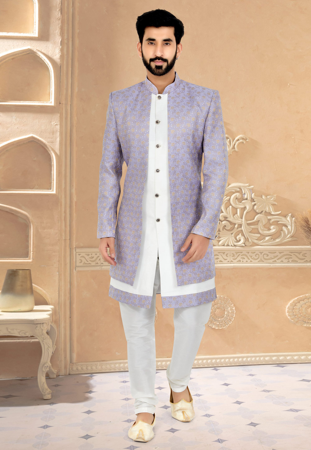 Grey Jacquard Silk Indo Western Suit 259868
